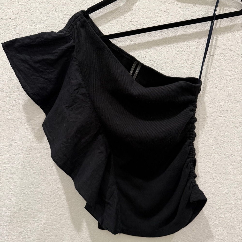Anthropologie Black One Shoulder Ruffle Ribbed Knit Top XS